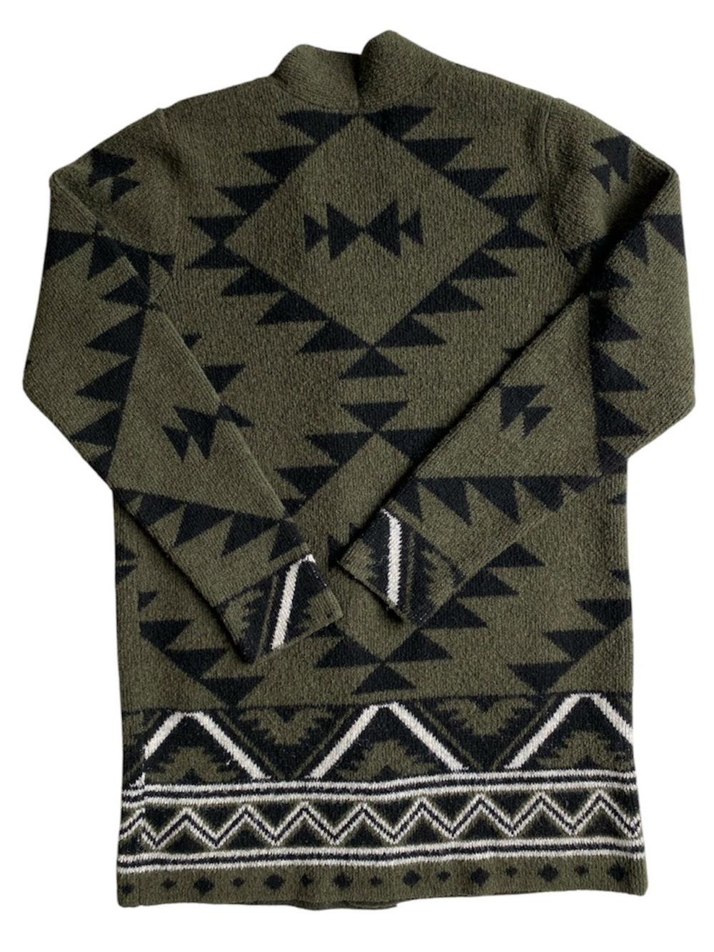 Frye Olive Green Aztec Southwestern Fuzzy Knit Open Front Cardigan Sweater M - Picture 7 of 7